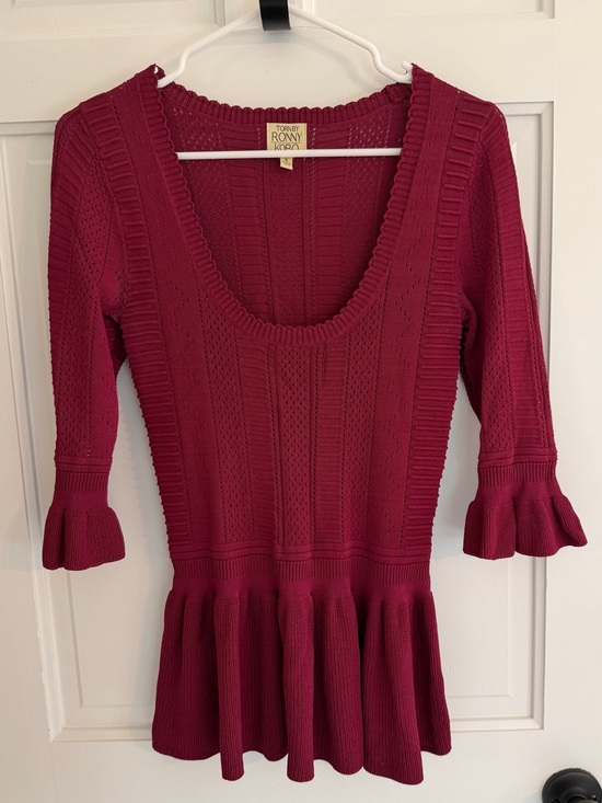Torn by Ronny Kobo Tops - Torn by Ronny Kobo Burgundy Pointelle Knit Peplum Top Small